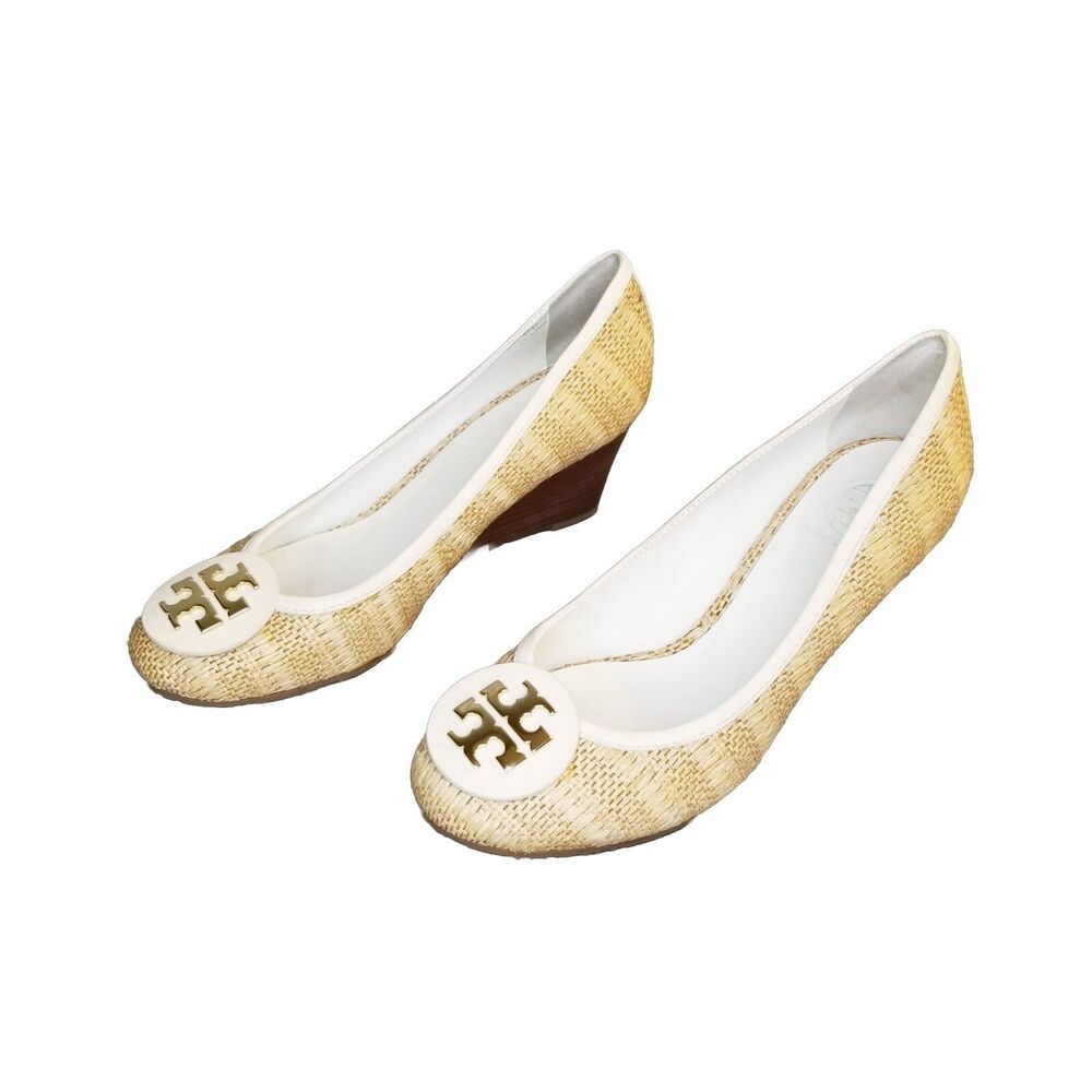 Tory Burch Sally Wedge Women Size 9 Beige Raffia Woven Straw Pumps Leather Lined - Picture 2 of 6
